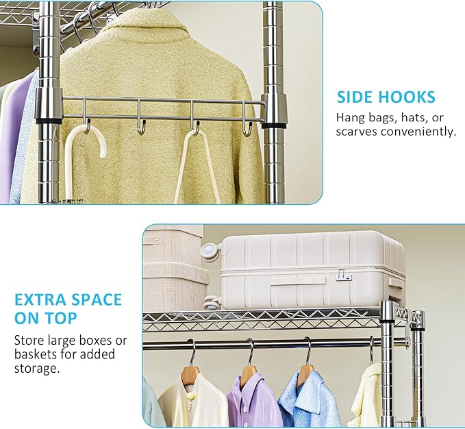IZEUK Heavy Duty Rolling Garment Rack with 3 Adjustable Wire Shelves, Hanging Rod & Side Hooks - Mobile Clothes Rack with Wheels, 29.5" W x 15.7" D x 75" H,Chrome