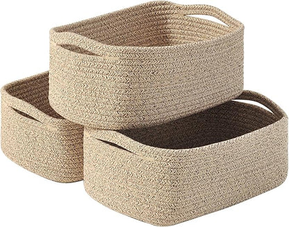 Small Baskets for Organizing, Woven Storage Baskets for Shelves, Small Rope Basket for Storage, Decorative Little Baskets for Gifts Empty, 13"×8.5"×5.1" (3 Packs) Brown