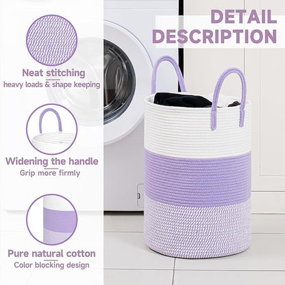 CLHMILY&Z 40L Laundry Basket Round Storage Rope Basket - 13x18 Inches - Lavender Hamper in Bedreoom and Cute Storage Bin for Blankets, Toys, and Nursery Essentials
