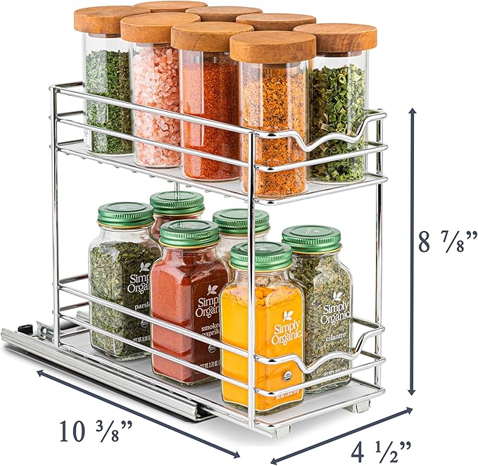 Pull Out Cabinet Organizer for Spices, Cans - Heavy Duty with Lifetime Limited Warranty- Pull Out Spice Rack- Cabinet Pull Out Shelf for Cans,Dishes, Etc, 4-1/2"W x 10-3/8"D x 8-7/8H, Chrome