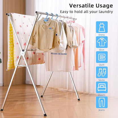 funest Drying Rack Clothing, 79 Inches Adjustble & Foldable Laundry Drying Rack, Heavy Duty Stainless Steel Clothes Drying Rack with 20 Hooks, 12 Clips, Suitable for Indoor, Outdoor and Balcony