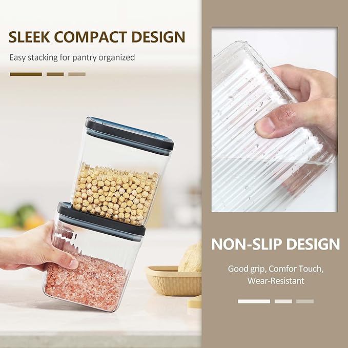 Flip-Lock Airtight Food Storage Containers 6-PC (0.6 Qt*2+1.6 Qt*3+3.4 Qt),Leakproof Ring Seal Top,Anti-Slip Pantry Canister for Flour Sugar,Coffee,Dog Food Treat,Rectangle Black