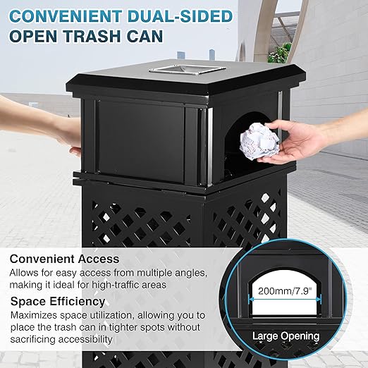 IRONWALLS Indoor/Outdoor Trash Can with Lid, Heavy Duty Steel Garbage Can with Removable Bin, Locking Lid, 16”x16”x35.4” Dual Sided-Open Commercial Trash Can Large for Patio, Backyard, Office, Black