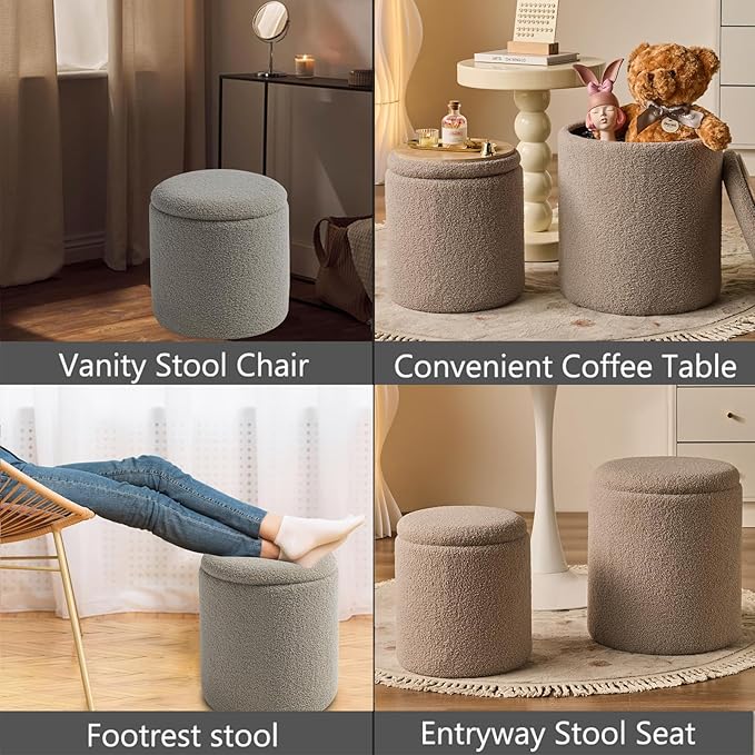 Round Ottoman with Storage Set of 2-Upholstered Sherpa Vanity Stool for Makeup Multifunctional Ottomans Coffee Table Padded Seat Foot Rest for Living Room&Bedroom(Sherpa Gray)
