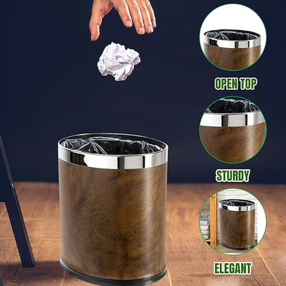 Invisi-Overlap' Open Top Leatherette Trash Can, Small Office Wastebasket, Modern Home Décor, Oval Shape (Brown)