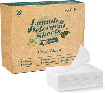 Poesie Laundry Detergent Sheets Fresh Linen Scent 160 Sheets 80 Large Loads Plastic Free Fast Dissolve Washing for All Washing Machine Traveling Dorm Life Save Space