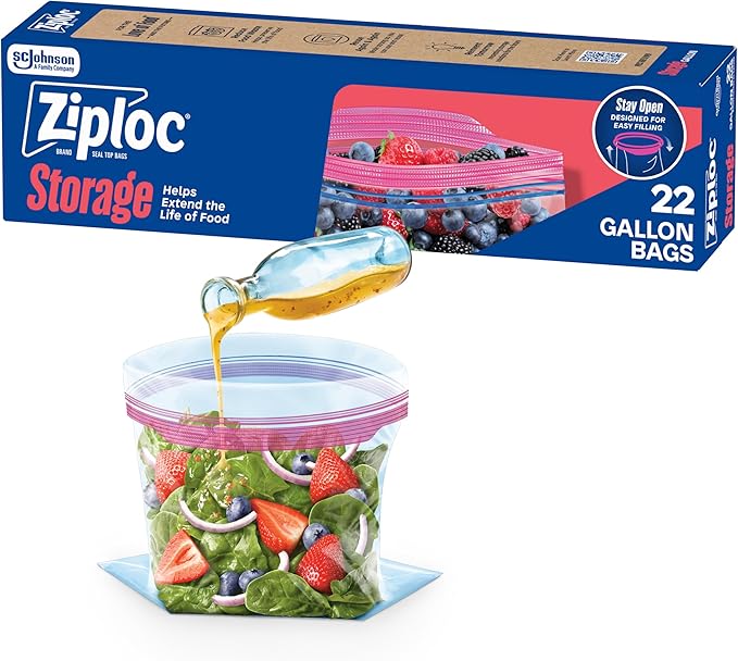 Ziploc Gallon Food Storage Bags, Stay Open Design with Stand-Up Bottom, Easy to Fill, 22 Count (Packaging May Vary)