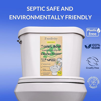 Freelivity Heavy Duty Toilet Bowl Cleaner Powder - Cleans Hard Water Rings, Calcium Buildup & Stains - 2 Treatments - Plastic-Free, 1 Pack