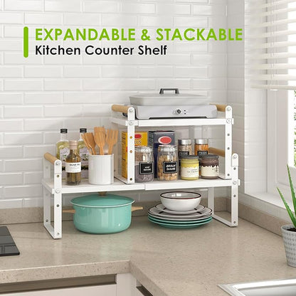 DOLALIKE Expandable kitchen Countertop Organizer, Stackable Cabinet Shelf Organizers, Space Saving Spice Rack Pantry Storage for Bathroom Office Organization (6.9'D*13-19.7''W*15.7''H, White)