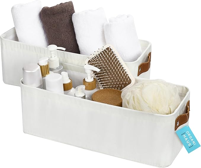 OrganiHaus Narrow Storage Bins 15x06in, Small Closet Bins for Shelves, Bathroom Storage Baskets for Shelves, Narrow Baskets, Fabric Organizer with Handles, Toilet Paper Organizer - 2 Pack, Off-White