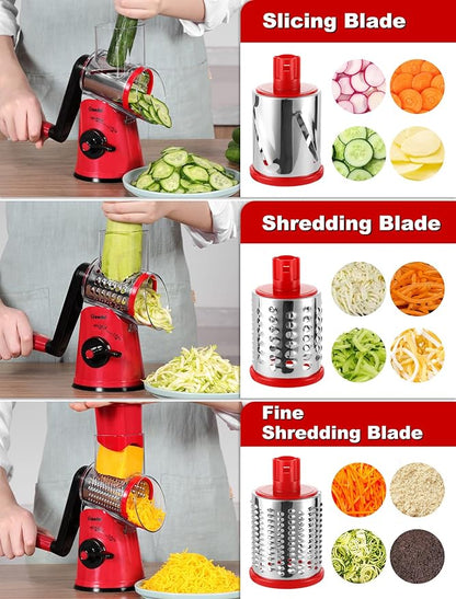 Geedel Rotary Cheese Grater Cheese Shredder - Upgraded 5-in-1 Cheese Grater with Handle and Strong Suction Base, Multi-purpose Vegetable Slicer Ice Shaver Nuts Grinder for Ice, Vegetables, Fruit, Nuts