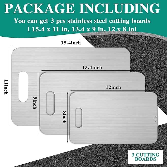 3 Pcs Stainless Steel Cutting Board for Kitchen 304 Steel Chopping Dishwasher Safe Metal Cutting Board Set for Kitchen Meat Fruit Vegetable (15.4''x11'',13.4"x9",11.8"x7.9")