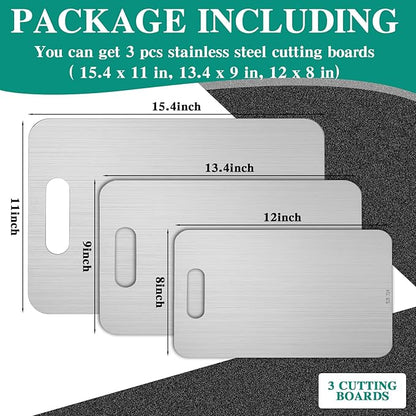 3 Pcs Stainless Steel Cutting Board for Kitchen 304 Steel Chopping Dishwasher Safe Metal Cutting Board Set for Kitchen Meat Fruit Vegetable (15.4''x11'',13.4"x9",11.8"x7.9")