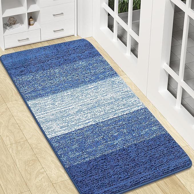 Kitinjoy Indoor Outdoor Door Mat, 47x20 Non-Slip Absorbent Dirt Trapper, Low-Profile Washable Inside Entrance Front Floor Mat, Sturdy Soft Entry Doormats for Entryway, Navy Blue