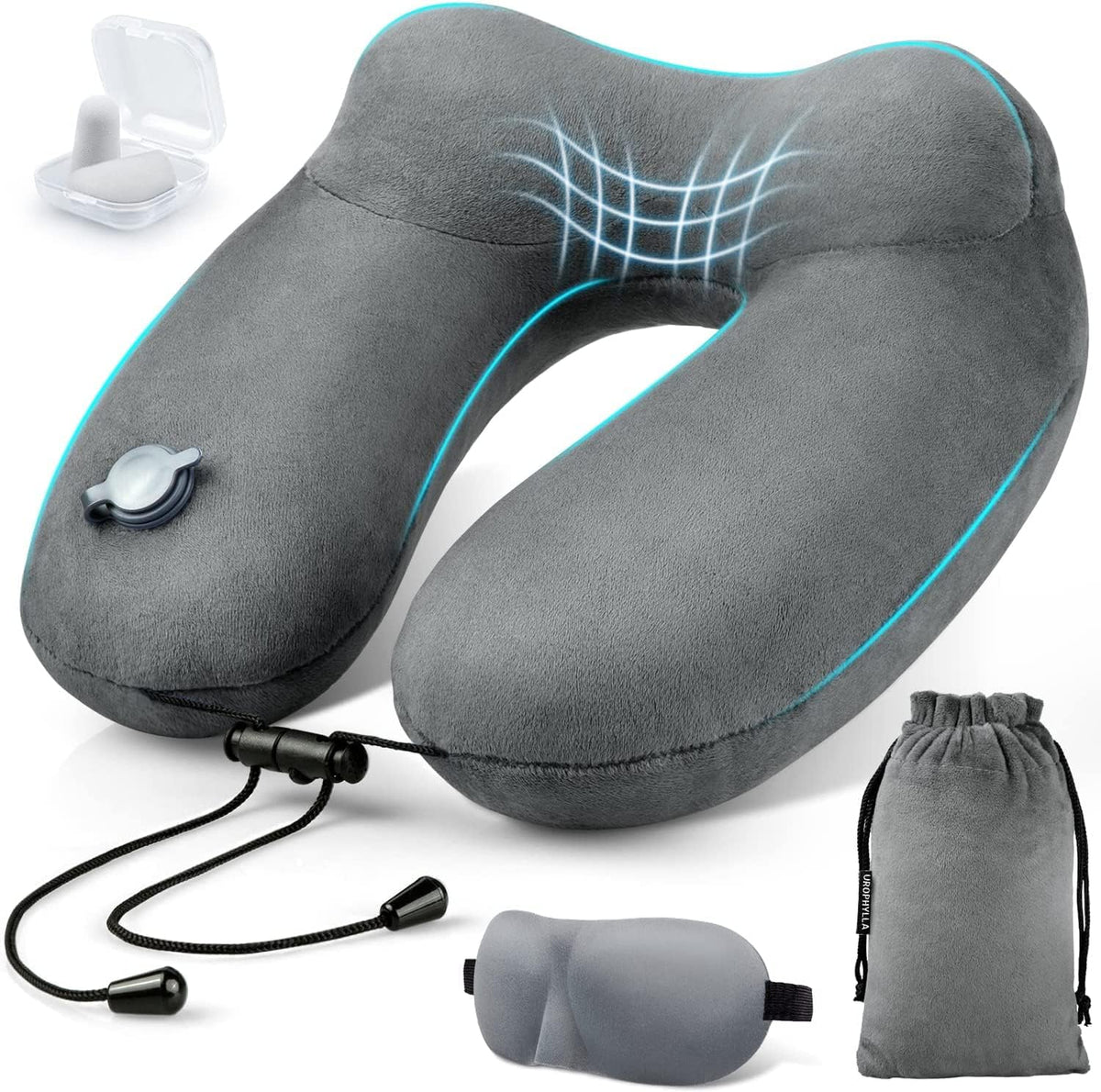 urophylla Inflatable Travel Neck Pillow for Airplanes, Super Soft Velvet Neck Support, Adjustable Firmness, Blow Up Plane Pillow for Long Flights, Road Trips, Travel Essentials with Eye Mask, Earplug