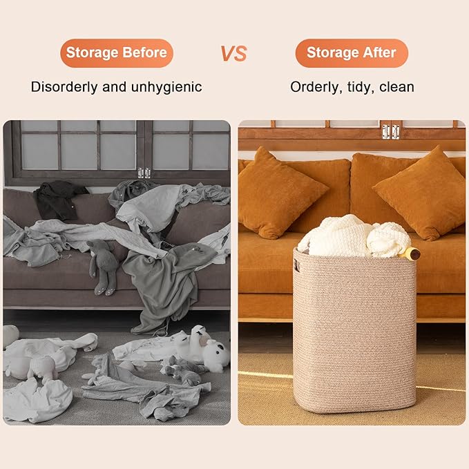 OIAHOMY Laundry Hamper, Rectangle Cotton Laundry Basket with Handles, Large Blanket Basket for Living room, Woven Decorative Storage for Toys,Clothes,Pillows-16x13x22in-Brown variegated