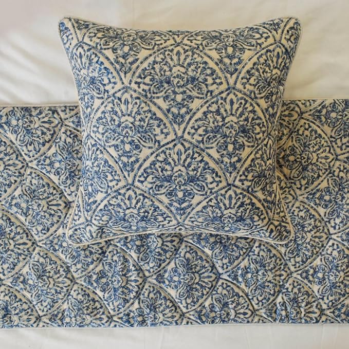 The HomeCentric King/Queen/Twin Blue Decorative Full 68"x18" Bed Runner with 2 Pillow Cover, Embroidery, Quilted Bed Scarf on Cotton Fabric - Farzeen Blue