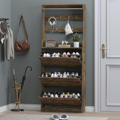 Shoe Cabinet with 3 Flip Drawers & Coat Rack, Narrow Hidden Shoe Storage Cabinet, 2-in-1 Hall Tree Slim Freestanding Shoe Rack Organizer for Entryway, Hallway, and Living Room