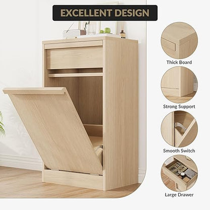 Tilt Out Trash Cabinet, Natural Wood Hidden Garbage Can Cabinet for 10 Gallon Bins, Modern Pet-Proof Trash Cabinets for Kitchen, Dining, Living Room Storage