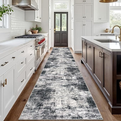 IOHOUZE Abstract Runner Rug 3x18 Ft Extra Long Washable Runners for Hallways, Non Slip Kitchen Runner Printed Faux Wool Entryway Runner Indoor, Modern Abstract Floor Carpet for Hall Stair, Black Grey