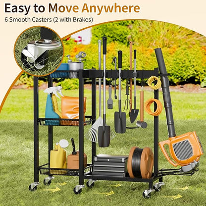 Cleaning Supplies Organizer with Broom Holder Load 350 LBS Cleaning Cart with Wheels Broom Closet Storage with 3-Tier Shelves, 6 Mop Hanger Grippers, 3 Double-Hooks, Vacuum Stand for Laundry Garage