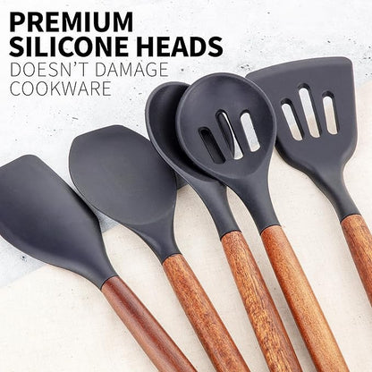 Zulay Kitchen Non-Stick Cooking Utensils Set with Authentic Acacia Wood Handles – 5-Piece Durable & Stylish Silicone Kitchen Utensils Set – Heat Resistant to 464°F – Black