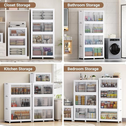 BROVIEW 324 Qt Plastic Storage Bins with Lid, Doors & Wheels, 3Pack Extra Large Stackable Collapsible Storage Bins, Closet Organizers and Storage Drawer, Foldable Cabinets for Home Office, White