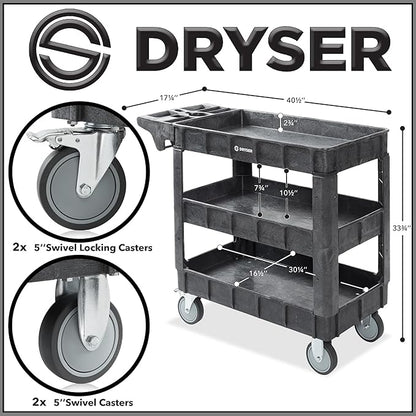 Dryser Utility Cart with Wheels, 40" x 17" Heavy Duty 550 lb. Capacity with Shelves - 3 Tier Rolling Cart with Two 5" Swivel Casters for Warehouse, Garage, Cleaning