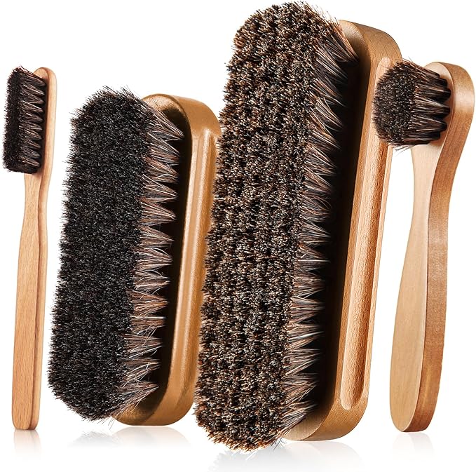 4 Pcs Horsehair Shine Shoes Brush Kit Polish Dauber Applicators Cleaning Leather Shoes Boots Care Brushes Suede Cleaner Brush with Microfiber Shoe Cloth(Wooden Style A)