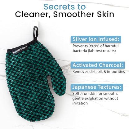 Japanese Exfoliating Mitt for Shower [Green] - Charcoal & Silver Ion Exfoliating Glove - Gentle Exfoliation & Deep Cleansing Shower Mitt - Exfoliating Body Scrubber Glove, Soft Fabric Inside