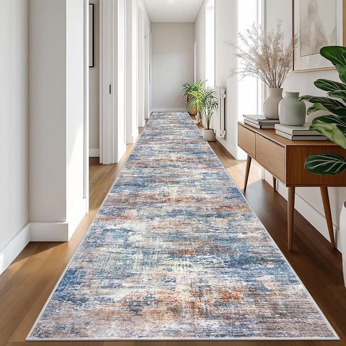 IOHOUZE Abstract Runner Rug 3x20 Ft Extra Long Washable Runners for Hallways, Non Slip Kitchen Runner Printed Faux Wool Entryway Runner Indoor, Modern Abstract Floor Carpet for Hall Stair, Blue Rust