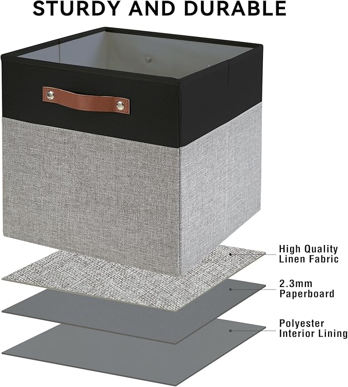 Collapsible Fabric Storage Cube Bins with 2 Reinforced PU Handles, Foldable Storage Organizer Baskets for Closet, Shelves, Living Room | 11"x11"x11", 4 Pack, Black & Gray