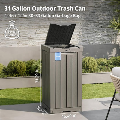 EAST OAK 31 Gallon Outdoor Trash Can | Waterproof Resin Garbage Can with Recycle and Garbage Labels | Secure Bag Lip Lock and Drip Tray | Outside Trash Bin for Patio | Kitchen, Backyard or Deck | Gray