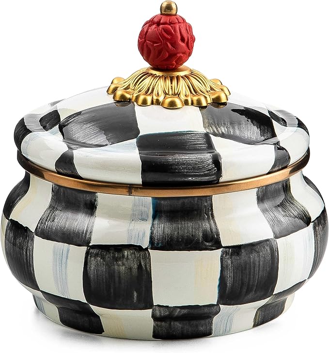 MACKENZIE-CHILDS Enamel Squashed Pot, Cute Enameled Container with Lid, 20 Ounces, Black-and-White Courtly Check