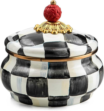MACKENZIE-CHILDS Enamel Squashed Pot, Cute Enameled Container with Lid, 20 Ounces, Black-and-White Courtly Check
