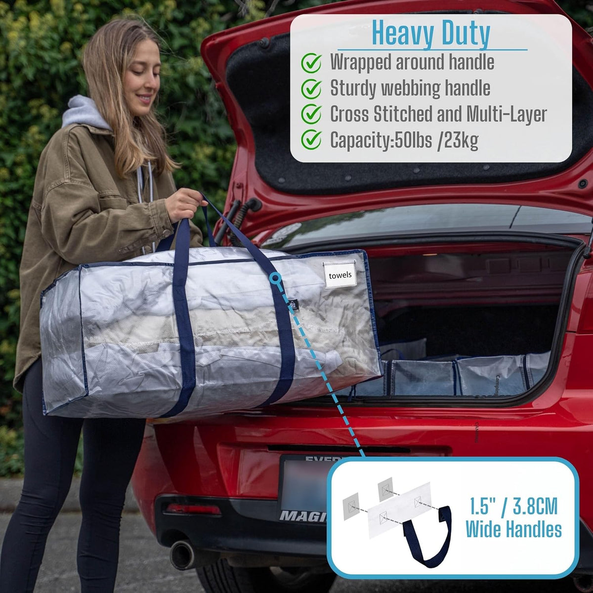 VENO 6 Pack Moving Bags Plastic Storage Totes Clothes Organization Large W Lid/Zipper. Packing Boxes/Bins Alternative. Space Saving Foldable College Supplies Essentials (Clear, 6 Pack)