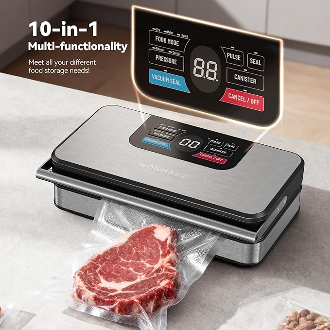 95Kpa Powerful Vacuum Sealer for Food, 10-in-1 Vacuum Sealer Machine with Easy Handle, Built-in Cutter and Roll Storage, Digital Countdown Display & Premium Stainless Steel for Long-Lasting Freshness