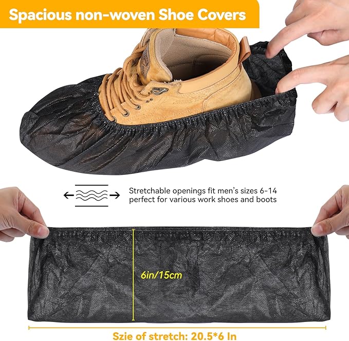 100Pcs Shoe Covers Disposable Non Slip, Large Size Non-Woven Boot Covers, Breathable and Durable, Fits US Men 6-14 Size, Reusable Slip-Resistant Booties for Indoors (Black)
