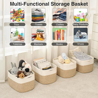 Storage Baskets for Organizing & Shelves, Woven Cotton Rope Organization Bins for Dog Toys, Clothes, Books, Nursery Organizer, 15" Lx11''Wx9.5''H, (4 Packs) Off White & Brown