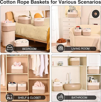 Small Storage Baskets for Organizing, Woven Storage Baskets for Shelves, Cotton Rope Basket for Storage, Cute Rectangular Book Toy Basket, 12.7"×9.1"×7.9", 4 Packs, Off White & Brown