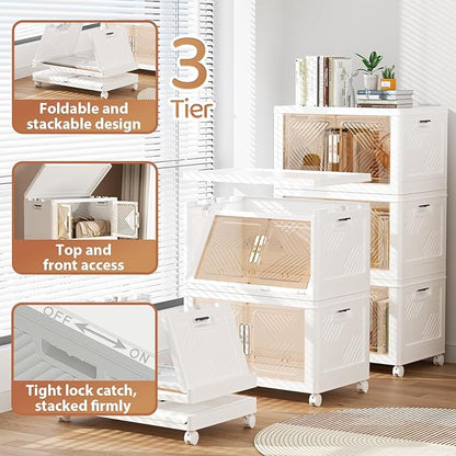 Storage Bins with Lid 76QT, Stackable Storage Containers with Wheels and Magnetic Doors, Plastic Clothes Closet Organizers and Storage Box for Pantry, Home and Office (3 Pack)