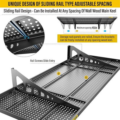 2Pack 1.64x4ft Adjustable Metal Garage Wall Shelving Heavy Duty Garage Storage Shelf Wall Mounted Black