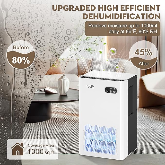 ToLife Dehumidifier for Home, 1000 sq.ft Dehumidifiers for Basement Bedroom Bathroom with 95 OZ Water Tank, Auto Shut Off 7 Colors LED Light, White Black