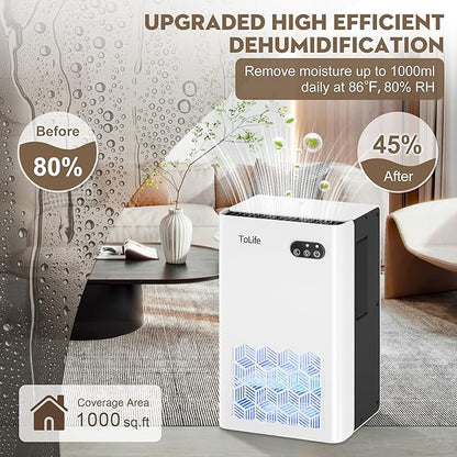 ToLife Dehumidifier for Home, 1000 sq.ft Dehumidifiers for Basement Bedroom Bathroom with 95 OZ Water Tank, Auto Shut Off 7 Colors LED Light, White Black