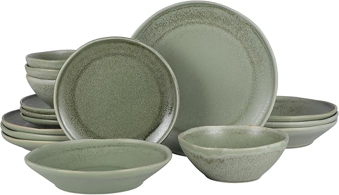Gibson Elite Island Cove 16 Piece (Service for 4) Plates and Bowls Reactive Glaze Organic Round Dishes Stoneware Ceramic Dinnerware Set -Green