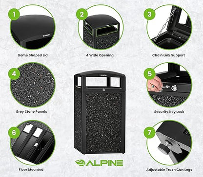Alpine Outdoor Commercial Trash Can with Lid - 40 Gallon Heavy Duty Metal Garbage Can with Removable Bin, Locking Lid for a Modern Look in Park, Mall & High Traffic Areas - Black, Grey Stone Panels