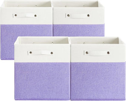 13 x 13 Inch Fine Linen Storage Bins with Handles，Fabric Cube Boxs，Collapsible Basket Organizers for Shelves for Home, Closet Drawers (White/Purple-4 Pack)
