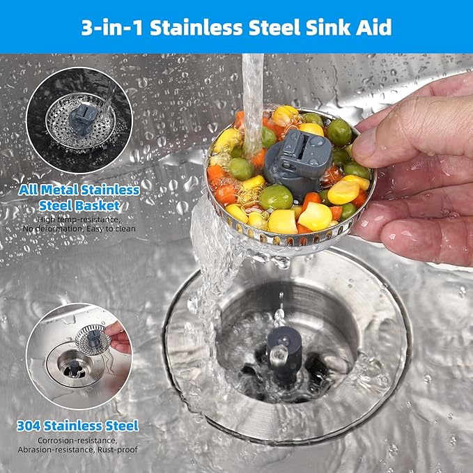 Hibbent 2 Pack 3 in 1 Kitchen Sink Drain Strainer, Stainless Steel Wrapped Shell Drain Stopper Combo, Pop Up Sink Stopper, Anti-Clogging Metal Basket Strainer with Handle for US Standard 3-1/2" Drain