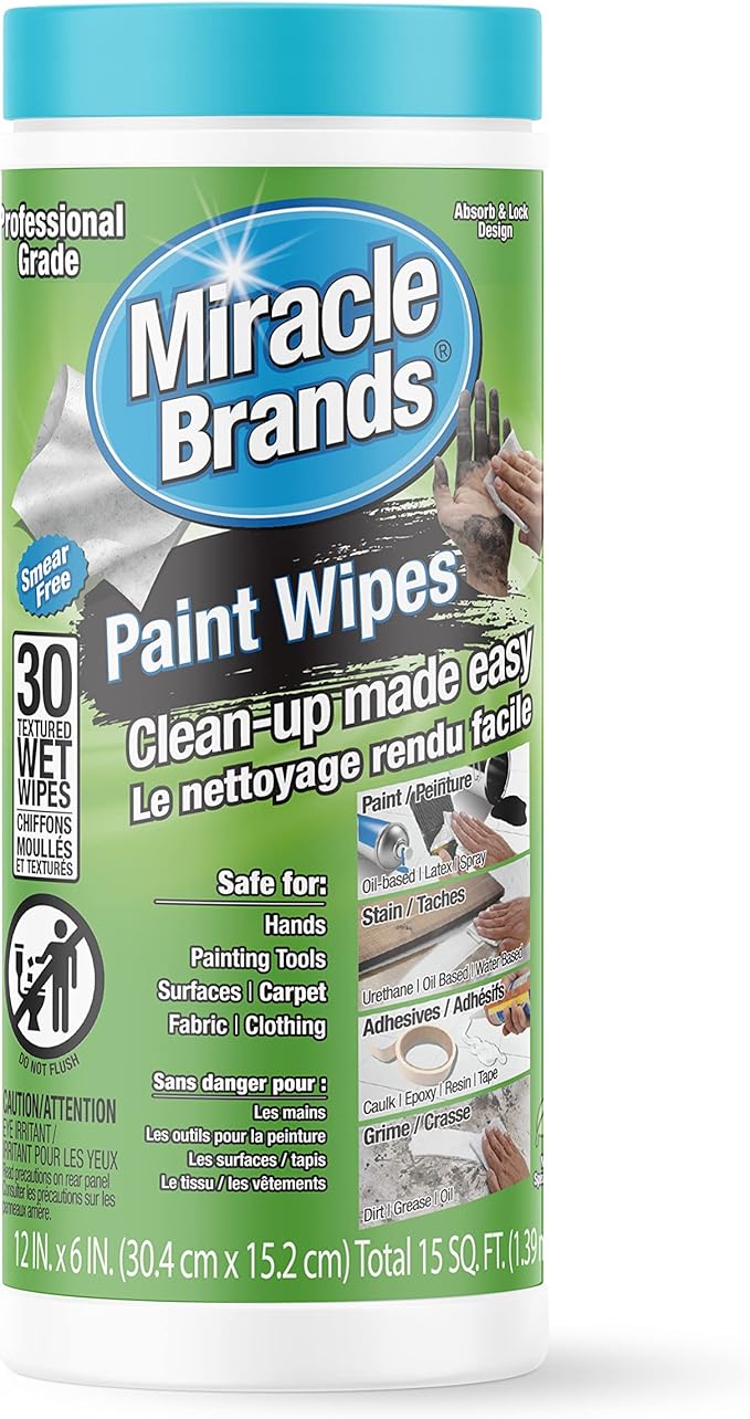 MiracleWipes for Paint Prep & Cleanup, Remove Tough Grime Build-Up, Wet Paint, Caulking, Epoxy, Colorant, and more from Hands, Surfaces, & Tools - 30 Count