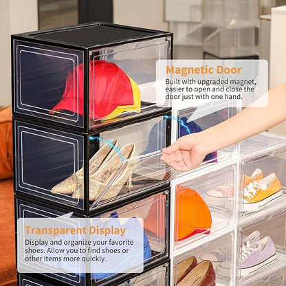 12 Pack Black Shoe Boxes Stackable,Large Shoe Storage Organizer with Magnetic Door,Drop Side Shoe Containers for Entryway,Sneaker Storage Fit up to US Size 12 for Men/Women(13’’x 10.62”x 8.26”